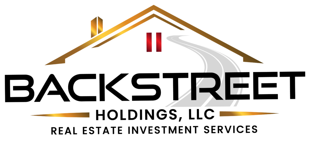 A black and gold logo with a house on the side.