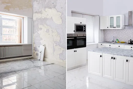 A kitchen with white walls and tile floors.